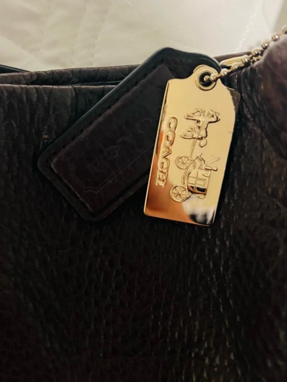 Coach Dark Brown Pebble Leather Drawstring Shoulder Bag with Gold Hardware